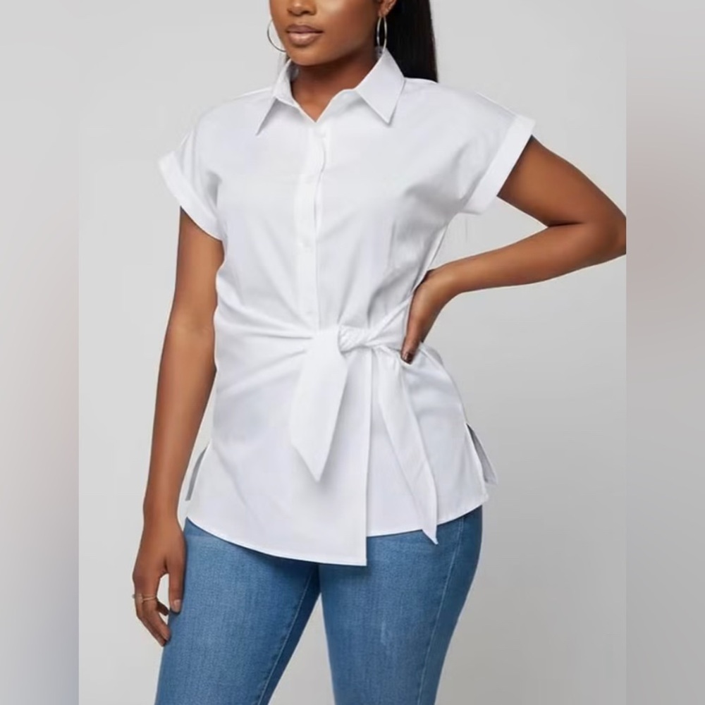 Cider White Short Sleeve Button-Down with Side Tie